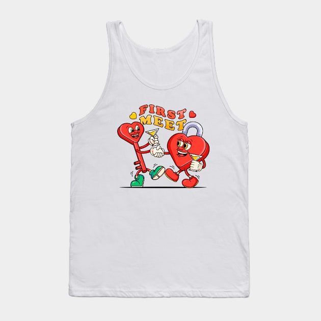 First met on Valentine's Day, cute cartoon mascot couple lock and key Tank Top by Vyndesign